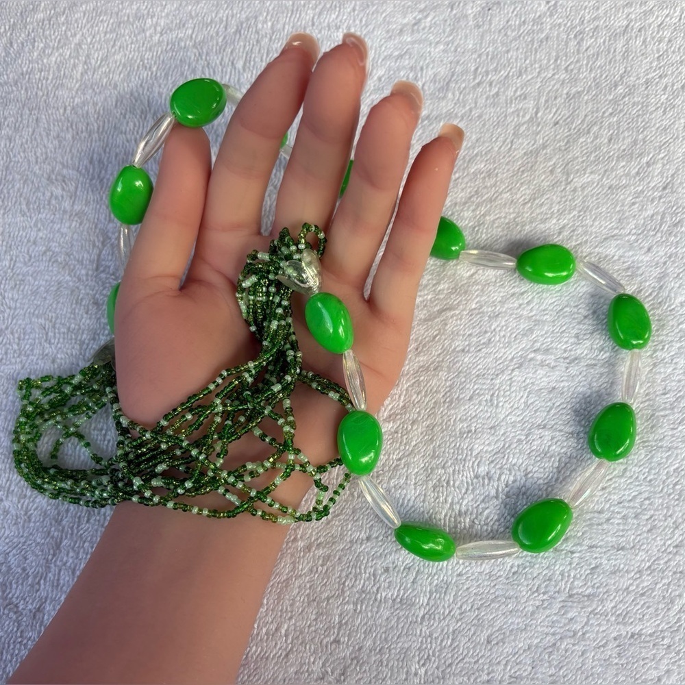 Lime Green Statement Necklace Beads & Multi-Strand Seed Bead Waterfall Design - Picture 4 of 6